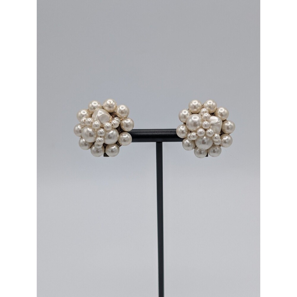 Vintage Faux Pearl Cluster Clip Earrings Brass Gold Tone MCM 1950s Japan Estate